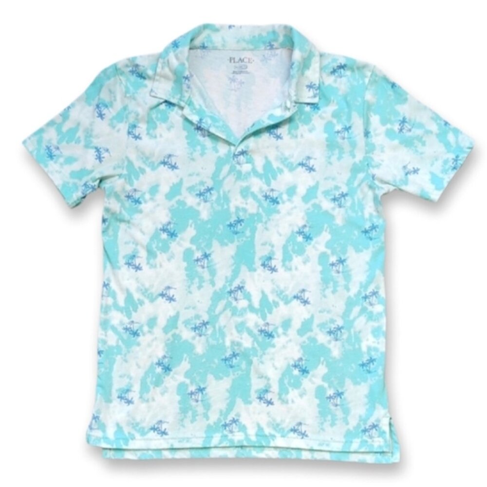 Childrens Place Tropical Polo T-shirt Boys Size XL 14 Aqua Blue Tie Dye Top